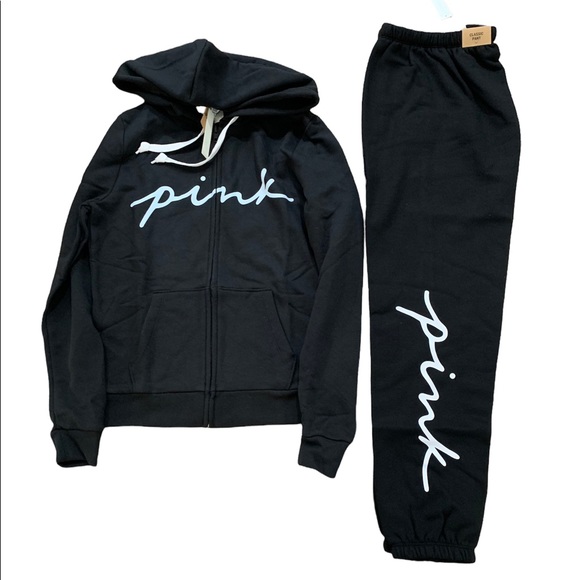 PINK Victoria's Secret Sweaters - PINK Black Set. Full Zip with Hood Sweater and Pants with Logo Size XS New
